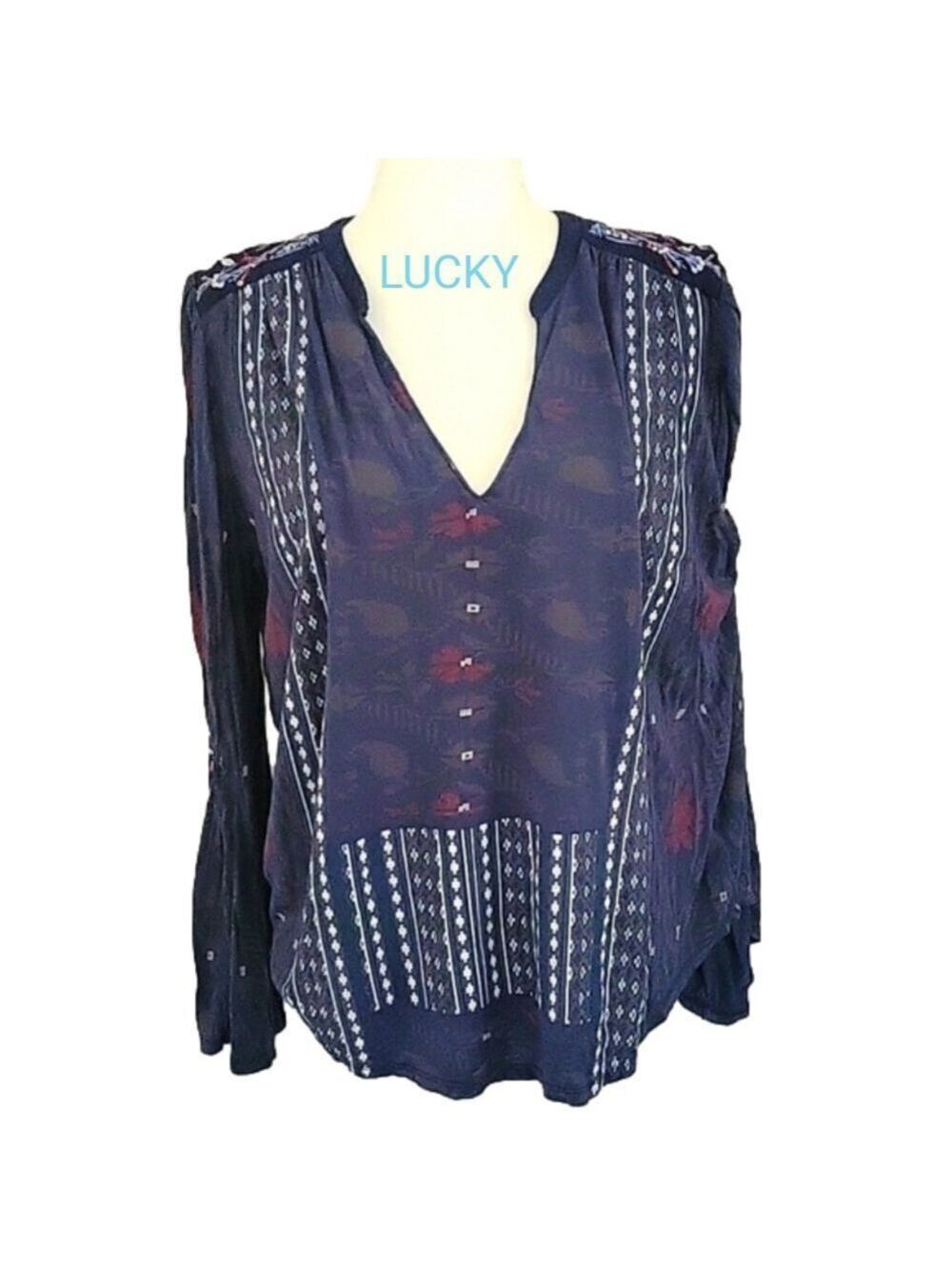 Lucky Brand Large V Neck Tunic Top Aztec Southwestern Embroidery